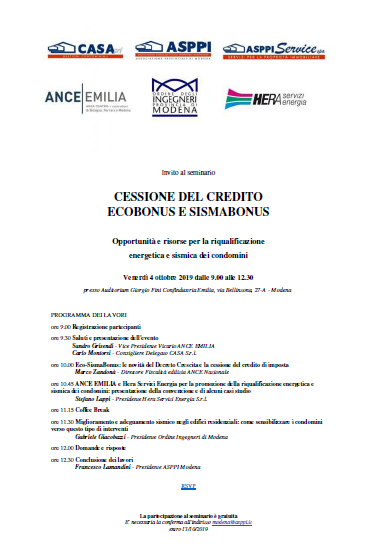 Invito al seminario: Cessione del credito Ecobonus e Sismabonus